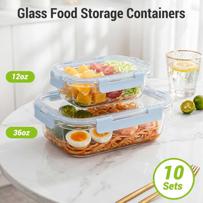 Dealusy 10 Sets (20-Piece) 36 oz & 12 oz Glass Food Storage Containers with lids, Airtight Leak-proof Glass Meal Prep Containers with Lids, Microwave Oven Freezer Dishwasher Safe, Gray