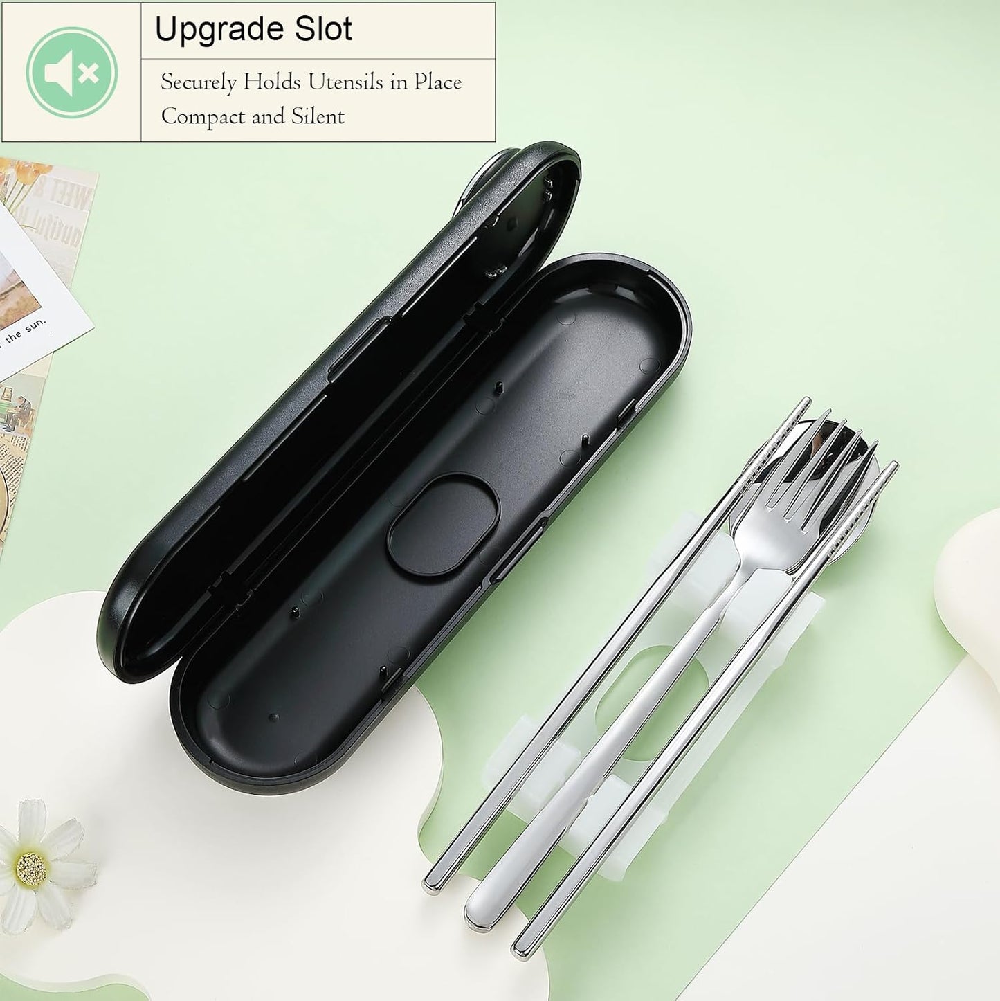DEVICO Travel Utensils with Case Cute, Reusable Silverware for Lunch, 4Pcs Portable Cutlery Set, 18/8 Stainless Steel Fork Spoon Chopsticks in Cartoon Case, Dishwasher Safe (Light Yellow)