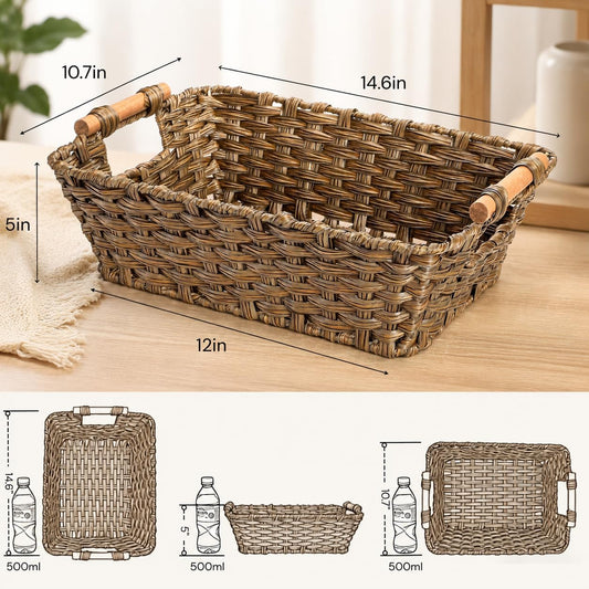 2 Pack Brown Wicker Storage Basket, Metal Frame Hand Woven Organizer Bin with Handle, 14.6"L x 10.7"W x 5"H Waterproof Rattan Laundry Organizer Totes for Pantry, Living Room, Bathroom