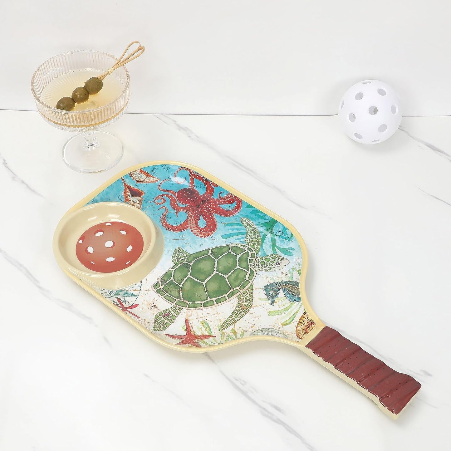 UPware Flamingo Melamine Chip and Dip Snack Tray, Tropical Floral Pickleball Paddle Shape Platter for Chips, Salsa, Fruits, and Appetizers, 15.75 x 8 Inch