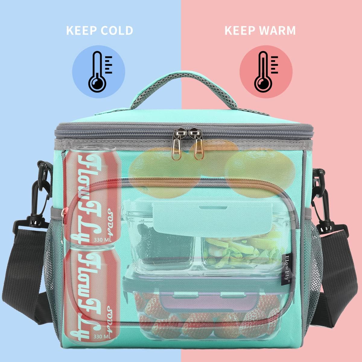 FlowFly Insulated Reusable Lunch Bag Adult Large Lunch Box for Women and Men with Adjustable Shoulder Strap,Front Zipper Pocket and Dual Large Mesh Side Pockets,Cherry - Colors B