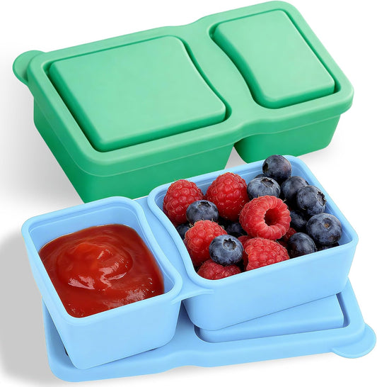 MACTANO 4 Pack New Reusable Silicone Snack Containers with Lids, 10 oz Double Compartment Condiment Meal Prep Control Containers Portable Small Leakproof for Office Travel Picnic
