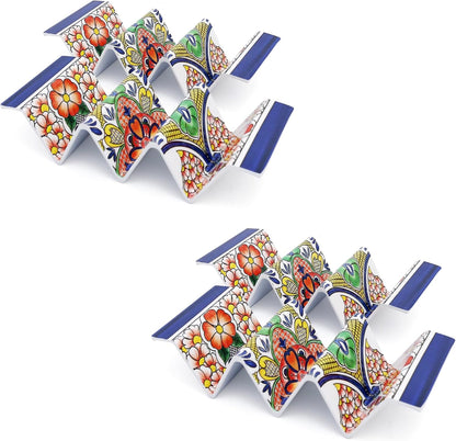 TP Taco Holder Stands, Set of 2 Melamine Large Taco Serving Rack Tray with Handle, Holds 3 Tacos, Dishwasher Safe, Ideal for Taco Night, Party, Home, Fiesta, Talavera Tile