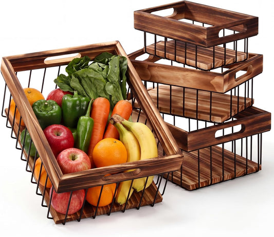 4 Pack Metal Wire Storage Basket, Multiple Sizes Basket with Handles Wooden Top and Bottom Containers Organizer Rustic Farmhouse Decor for Kitchen Cabinets, Bathroom, Pantry, Laundry Room