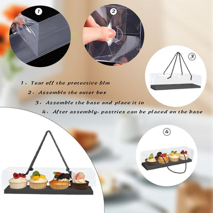 Clear Cupcake Boxes with Handle, 24 Pcs 4 Bakery Cake Boxes, Rectangular Cupcake Containers, Transparent Treat Boxes, Gift Boxes for Wedding Party, Dessert Packaging,12 x 3 x 3 Inch (Gold)