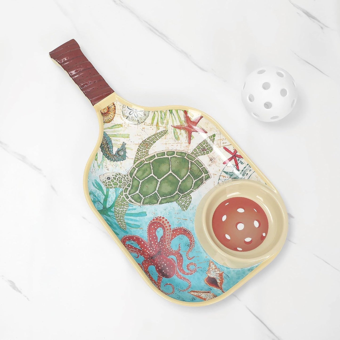 UPware Flamingo Melamine Chip and Dip Snack Tray, Tropical Floral Pickleball Paddle Shape Platter for Chips, Salsa, Fruits, and Appetizers, 15.75 x 8 Inch