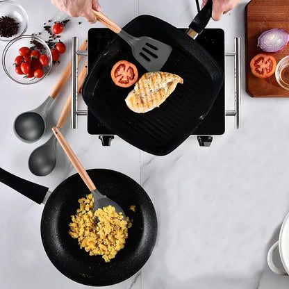 Non-Stick Silicone Cooking Utensils Set, 5 Pcs with Wooden Handle, Heat Resistant Silicone Kitchen Gadgets (Black)