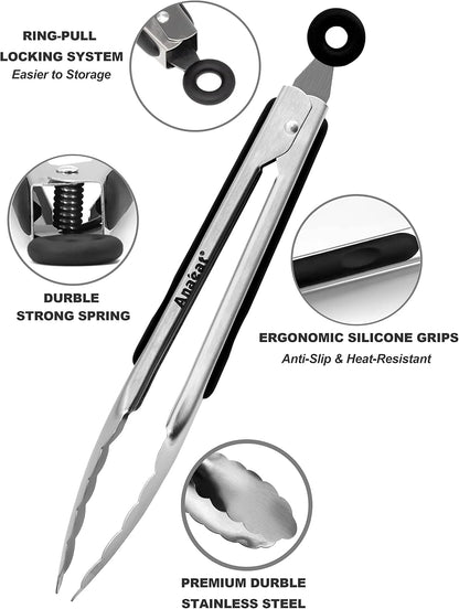 Anaeat Premium Kitchen Locking Tong Set of 3 - Heavy Duty Stainless Steel Food Tongs with Long Handle & Non-Slip Silicone Grip for Cooking, Baking, Grilling - Heat Resistant up to 480°F
