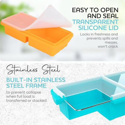 Silicone Freezer Tray With Lid-Soup Freezer Container molds-Large Ice Cube Tray Set Makes 1-Cup & 2-Cup portions cubes Perfect for preparing meals in different portion sizes Oven & Dishwasher -Safe
