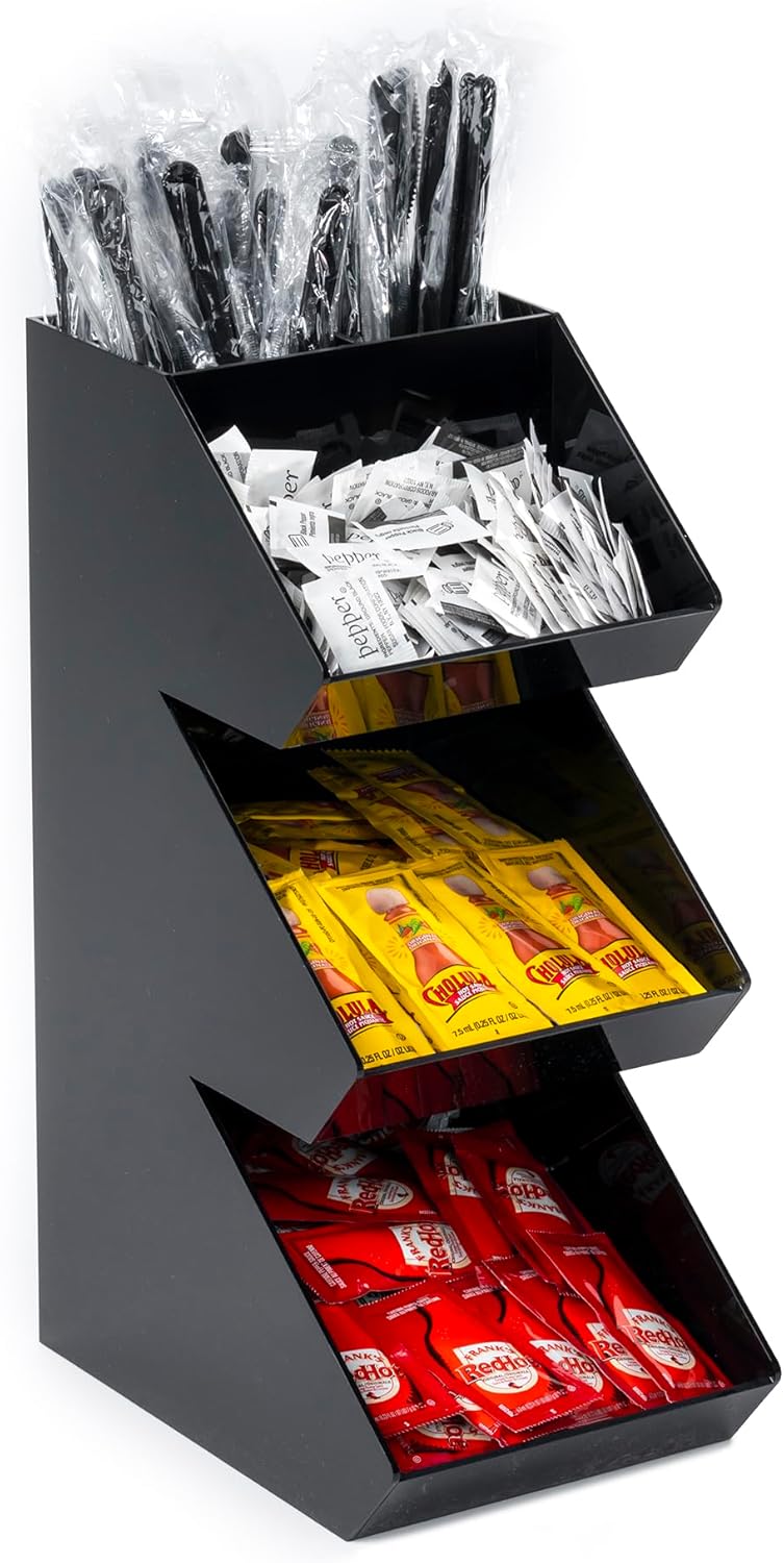 Inevibe Condiment Holder Stand - 3 Tier Compartment for Condiments, Sauce Packets, and Coffee Station Organizer for Bar, Restaurant, Cafe, Home - Black Acrylic Caddy Storage Rack