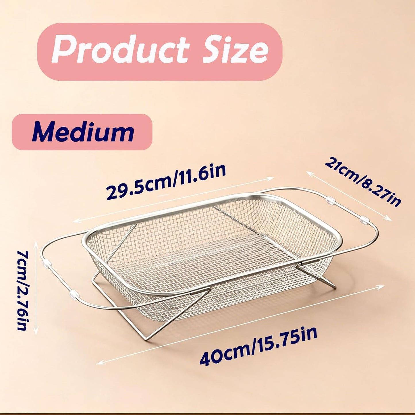 Sink Strainer Basket, Over the Sink Colander, Kitchen Expandable Stainless Steel Mesh Drain Basket, Adjustable Rectangular Kitchen Strainer with Handle for Washing Fruits, Vegetables and Pasta (Small)