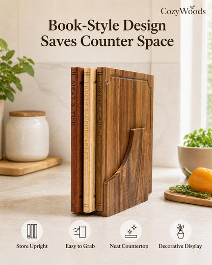 Book Cutting Board Set with Stand,3-Piece Real Hardwood Kitchen Boards