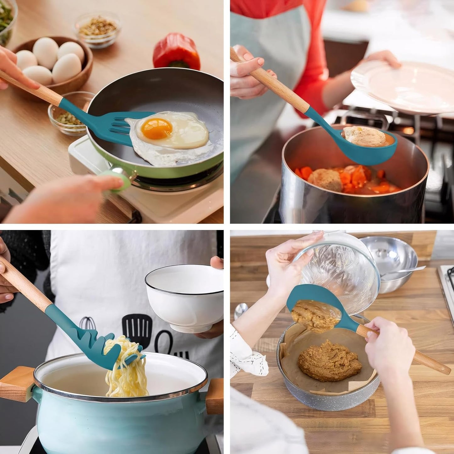 Kitchen Cooking Utensils Set, 6Pcs Silicone Kitchen Utensils Set Spatula Spoon Soup Ladle Turner, Heat Resistant Wooden Handle Silicone Cooking Gadgets for Nonstick Cookware & Baking BPA FREE