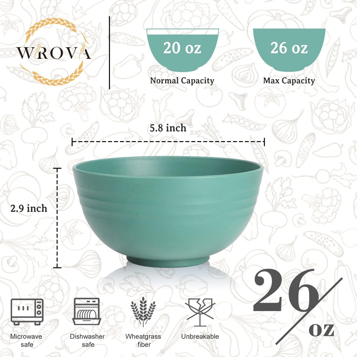 Wrova Wheat Straw Bowls for Kitchen set of 6,Anti-Scald Thick Soup Bowls 40oz,Microwave and Dishwasher Safe Bowl Sets, Unbreakable Cereal Bowl Sets. Vibrant Series
