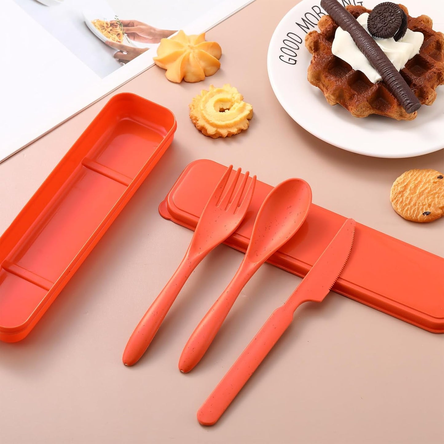 Jinei 50 Sets Reusable Travel Utensils Set with Case Wheat Straw Cutlery Portable Spoon Knife Forks Lunch Box Accessories Friendly Tableware for Kids Adults Camping Utensils(Bright)
