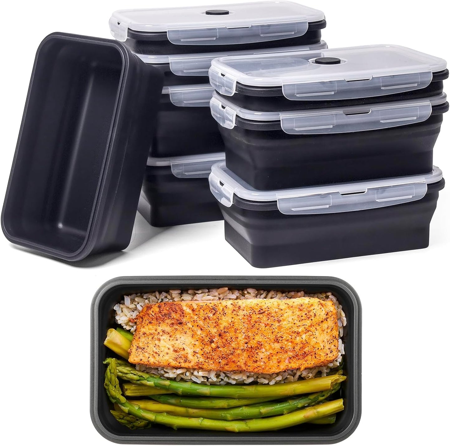 Collapsible Food Storage Containers with Lids, 4 Pack, 40 oz Silicone 1-Compartment Meal Prep Containers Reusable, Lunch Bento Boxes for Adults, Microwave Freezer Dishwasher Safe, BPA-Free, Black