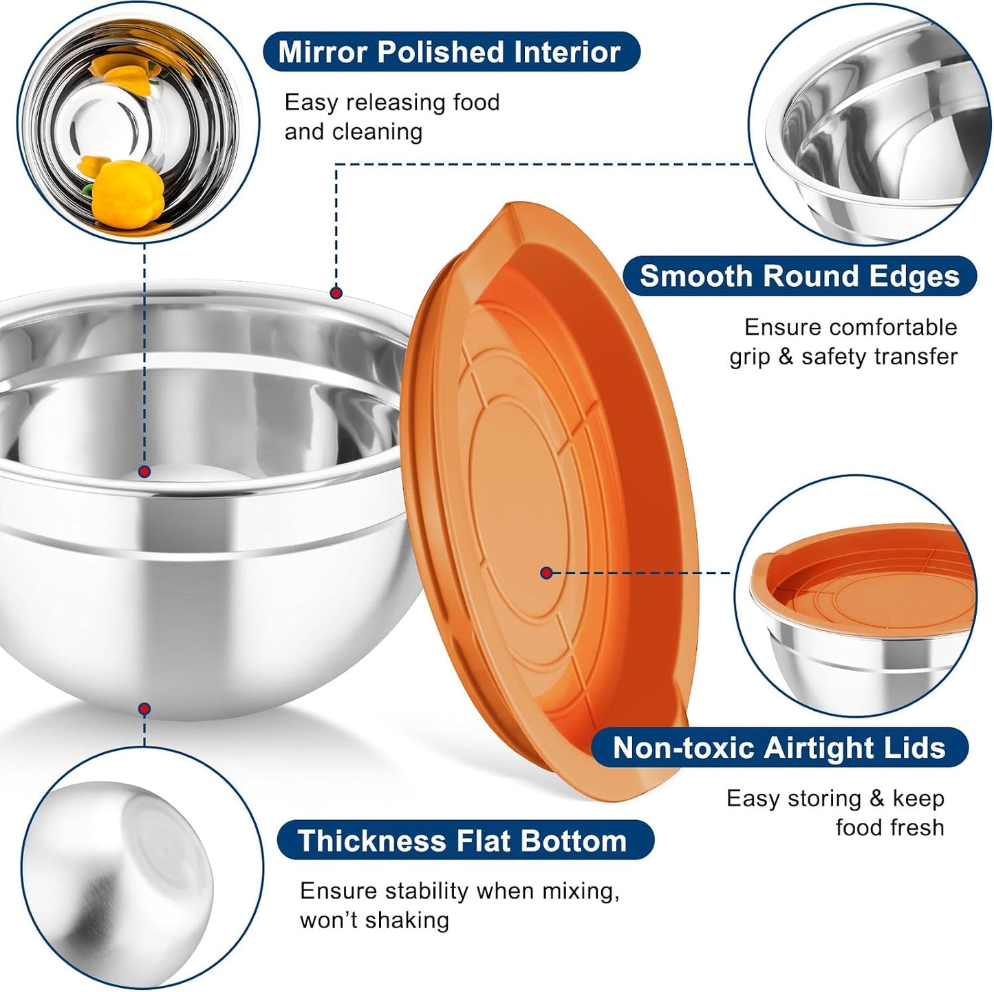TeamFar Mixing Bowls with Airtight Lids, 5PCS Stainless Steel Metal Salad Bowl with 3 Grater Attachments, for Cooking, Prepping, Serving, Healthy & Easy Clean - 0.7/1/1.5/2.6/4.6QT, Black