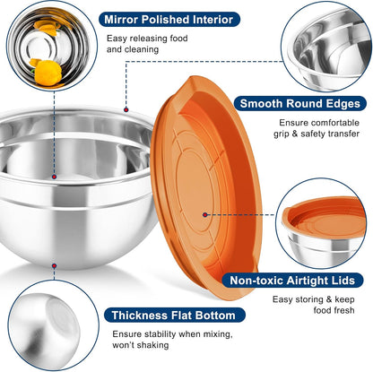 TeamFar Mixing Bowls with Airtight Lids, 5PCS Stainless Steel Metal Salad Bowl with 3 Grater Attachments, for Cooking, Prepping, Serving, Healthy & Easy Clean - 0.7/1/1.5/2.6/4.6QT, Black