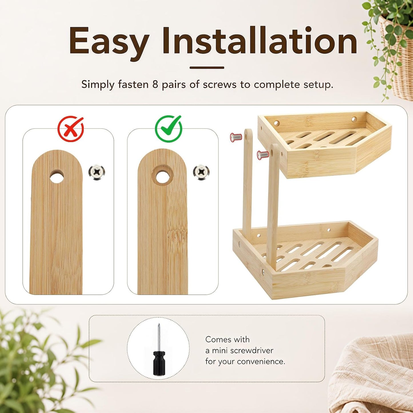 Bamboo 2 Tier Fruit Basket for Kitchen Counter, Corner Fruit Stand Holder, Detachable Countertop Organizer Large Capacity for Vegetables, Bread, Snack, Spice Jars Storage(Bamboo,2 Tire)