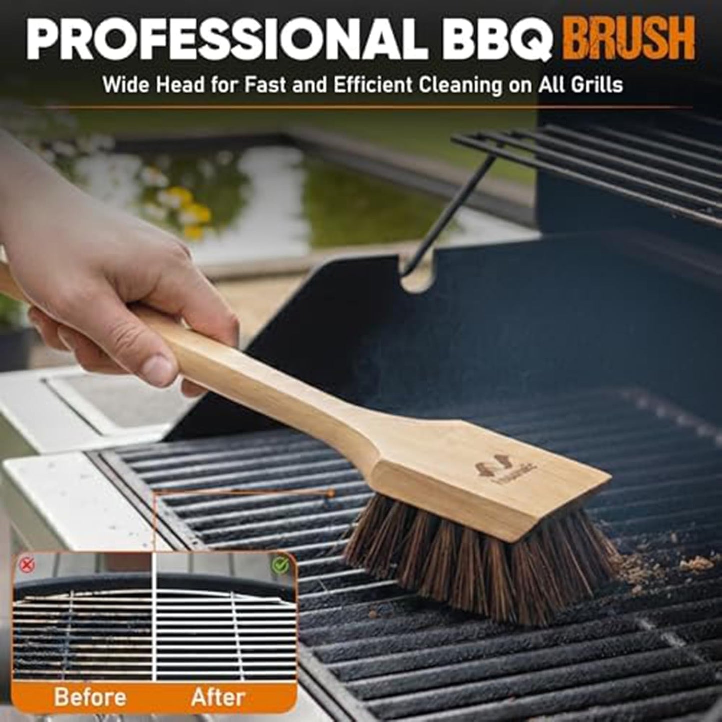 All-Natural Wooden Grill Brush and Grill Cleaner | Works as Scraper Tool for Tough Grill Residue | Bristle-Free Grill Brush for Outdoor Grill | Safe Grill Rescue Brush and BBQ Cleaner