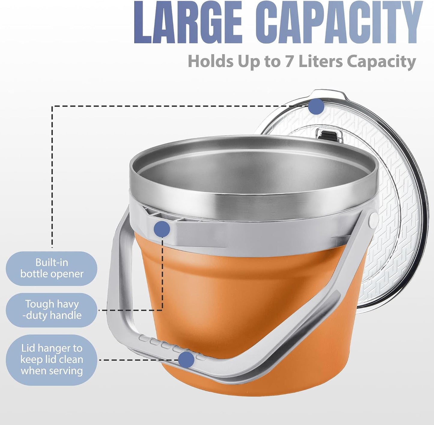 COKTIK 7L Vacuum Insulated Ice Bucket with Lid and Scoop& Tongs，Large capacity Stainless Steel Beverage Bucket for Cocktail, Champagne, Wine, Beer，Large Parties（Milk White Suit）