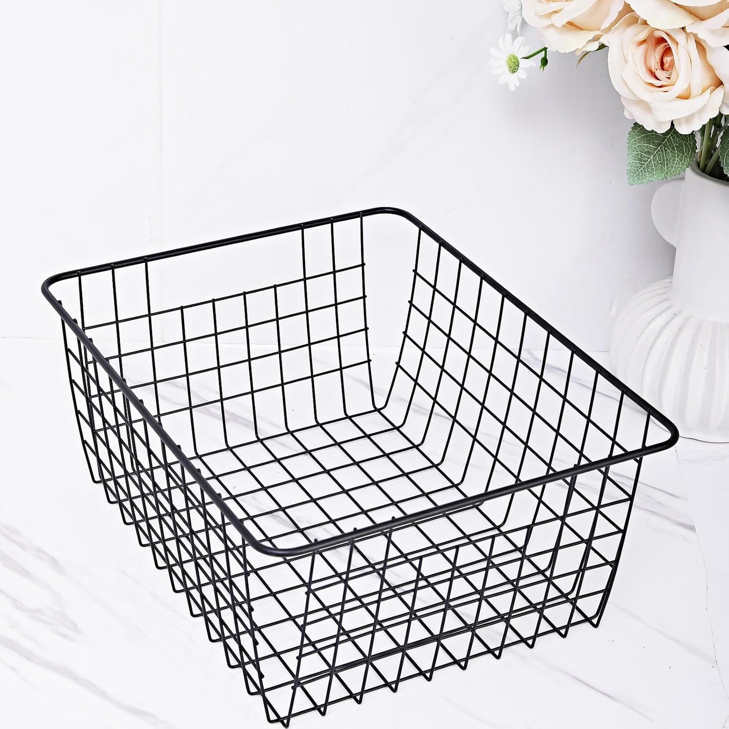 11" Upright Freezer Storage Baskets, Black Wire Storage Bins Small Bakset for Freezer, Pantry, Bathroom Organizing, Set of 2