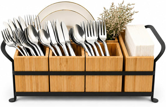 Bamboo Utensil Caddy with Handle - 5 Compartment Silverware Holder for Party & Kitchen Countertop - Removable Wooden Flatware Organizer for Picnic, BBQ, Buffet, RV & Outdoor Dining