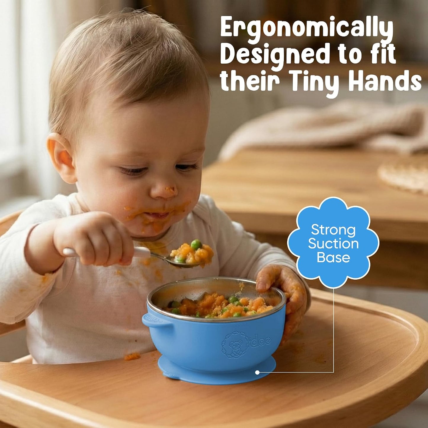 o'doe Suction Bowls for Baby - Non-Toxic Stainless Steel Baby Bowls 5" with Non-Slip Removable Silicone Shell - BPA-Free Toddler Bowls (Dark Blue + Powder Blue + Grey + Green)