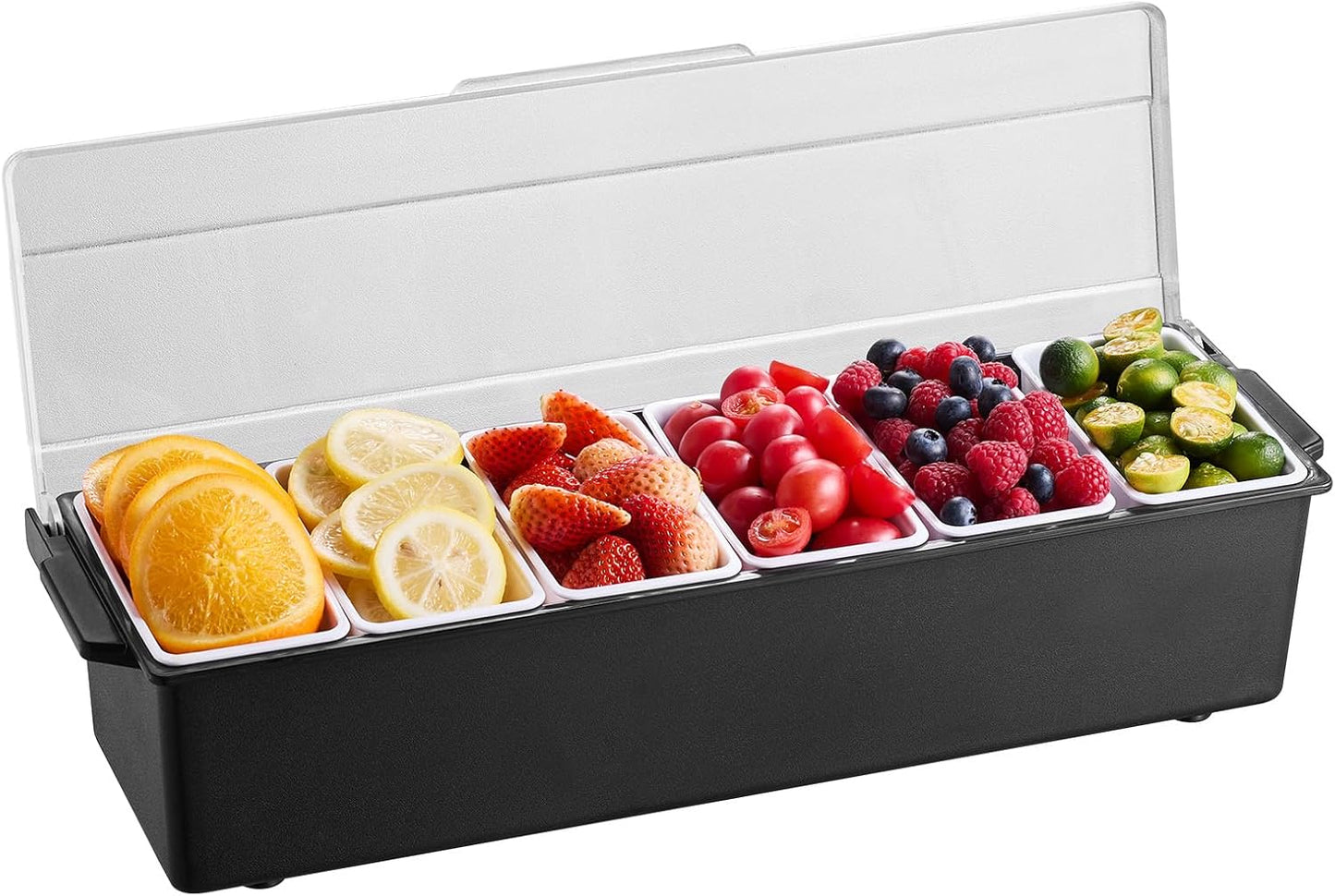 VEVOR Chilled Condiment Server Caddy, 5 Compartment Ice Cooled Serving Container, Plastic Fruit Garnish Tray Platter with Lid, for Taco Salad Bar Accessories, Party Home Restaurant Supplies