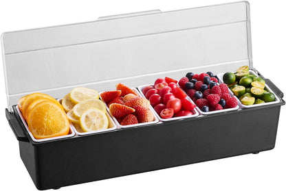 VEVOR Chilled Condiment Server Caddy, 5 Compartment Ice Cooled Serving Container, Plastic Fruit Garnish Tray Platter with Lid, for Taco Salad Bar Accessories, Party Home Restaurant Supplies