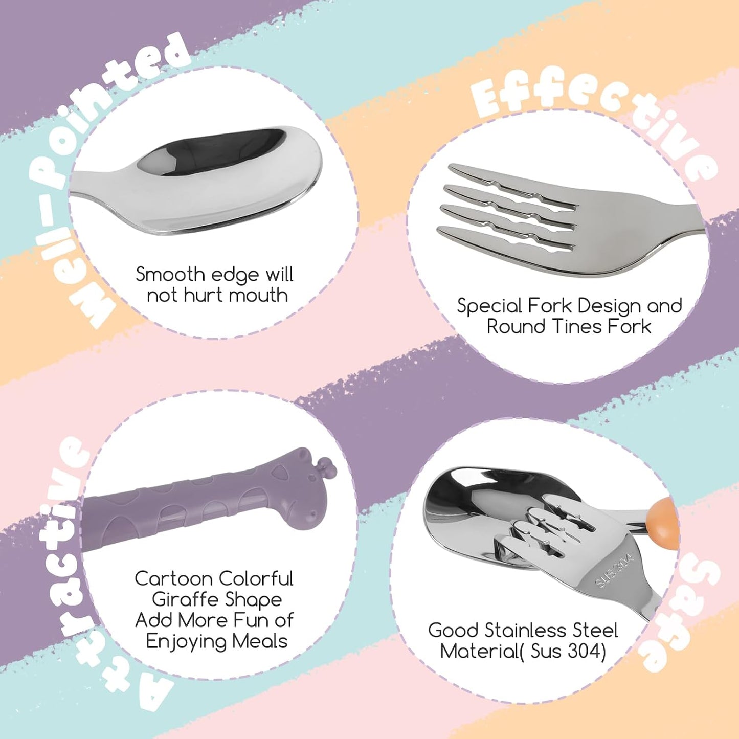 2-Piece Kid Utensils Set, 304 Stainless Steel Kids Fork and Spoon for Self-feeding, Safe Kid Silverware with storage case for School Lunch, Travel & Outdoors, Dishwasher Safe (Purple)