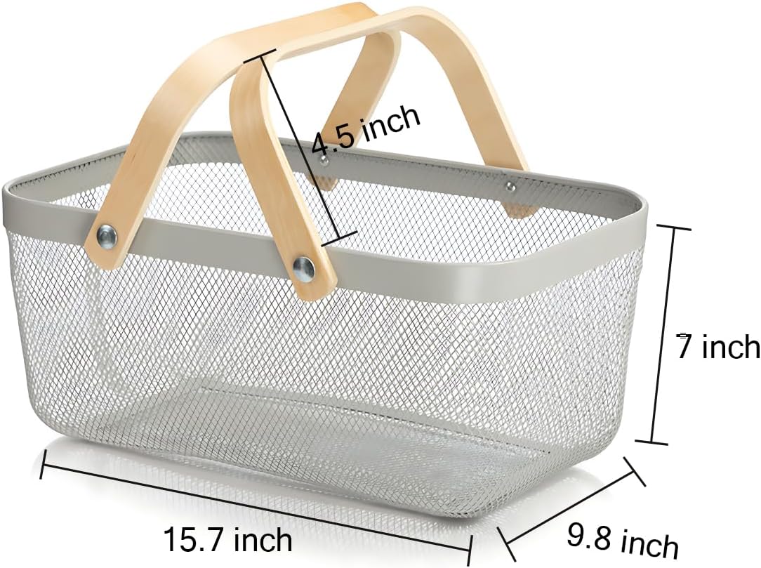 Portable Mesh Harvest Basket - Natural Bamboo Handle Foldable Organizer for Kitchen, Garden & Picnic | Ventilated Storage Bin with Rust-Proof Wire, Space-Saving Farmhouse Decor (Pink)