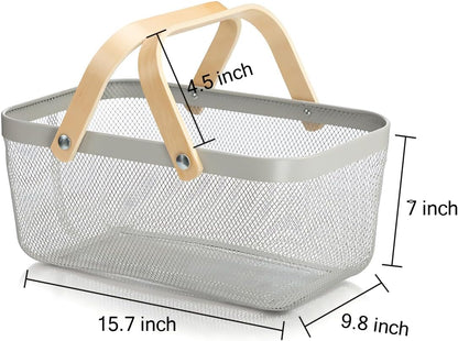 Portable Mesh Harvest Basket - Natural Bamboo Handle Foldable Organizer for Kitchen, Garden & Picnic | Ventilated Storage Bin with Rust-Proof Wire, Space-Saving Farmhouse Decor (Pink)