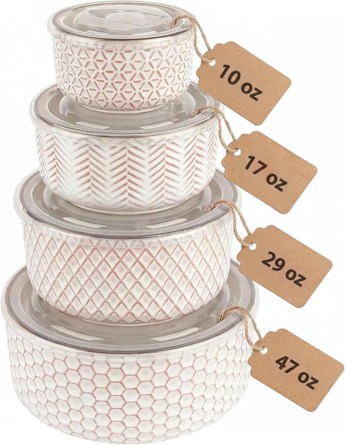 KooK Serving Bowls, with Lids, Ceramic Nesting Bowls, Set of 4, Embossed, Kitchen, Prep, Stackable, Gift, Microwave and Dishwasher Safe, 10/16/29/47 oz, Narbonne Collection (Ivory)