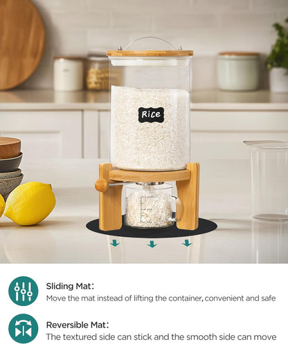 5-7 lbs Glass Rice Dispenser with Wooden Stand Flour and Cereal Container with Glass Measuring Cup & Labels & Slider mat Pantry Food Organization Storage Bin with Airtight Bamboo Lid, 3L