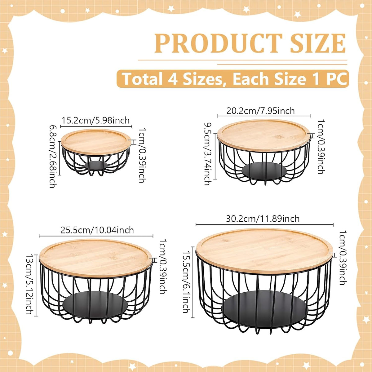 4Pcs Fruit Basket for Kitchen Counter Set, 11.9/10/8/6Inch Round Fruit Basket with Wooden Lid Countertop Bin for Produce Fruits Lemon Banana Candy Snack in Office, Black, 4 Size