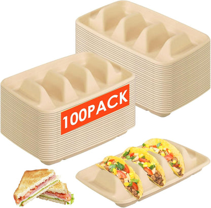 50 Pcs Disposable Taco Holder for Party, 3 Compartments Paper Taco Tray Holder, Disposable Taco Plates with Dividers Taco Stand for Taco Tuesday Lazy Susan Taco Bar