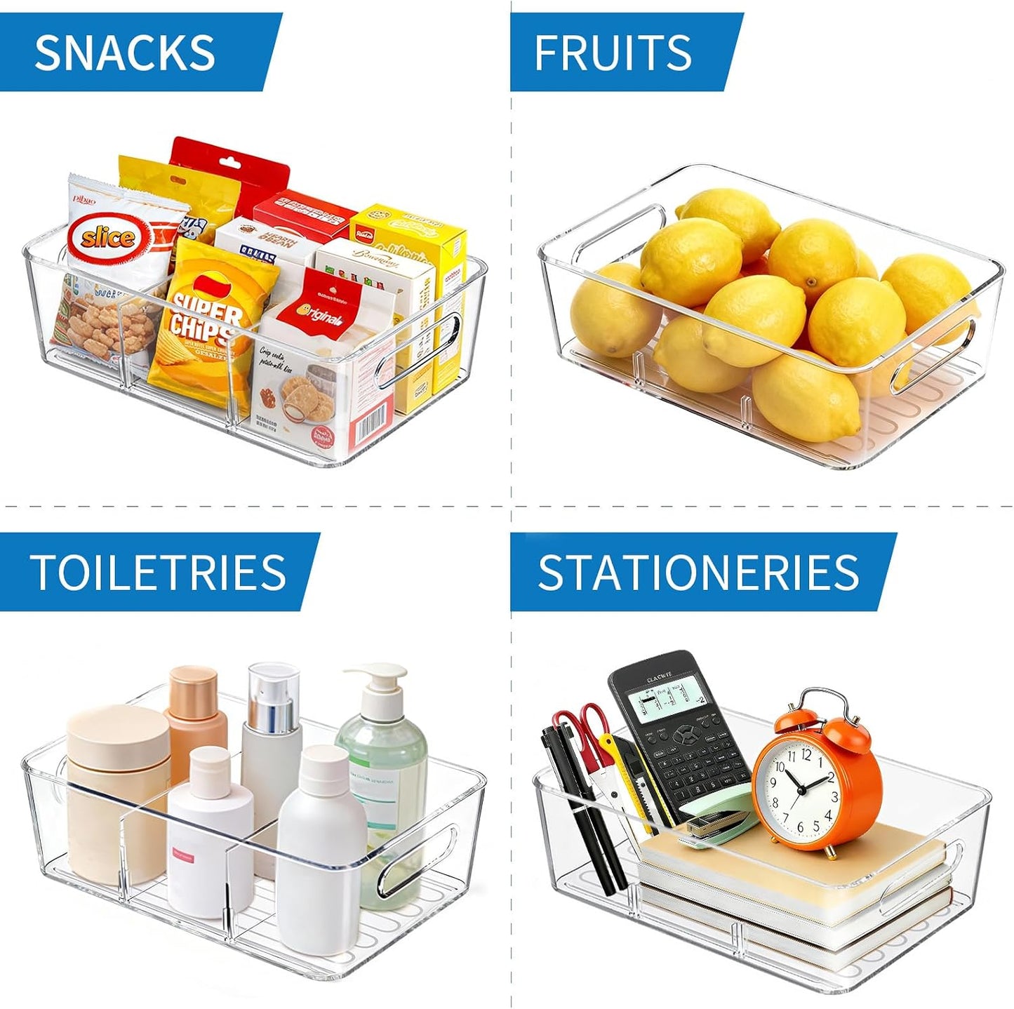 Mpotmiy 6 Pack Pantry Organizers and Storage,Clear Plastic Containers with 2 Dividers for Kitchen,Fridge Organization and Storage,Acrylic Bins for Pounches,Spice Packet,Snack organzier