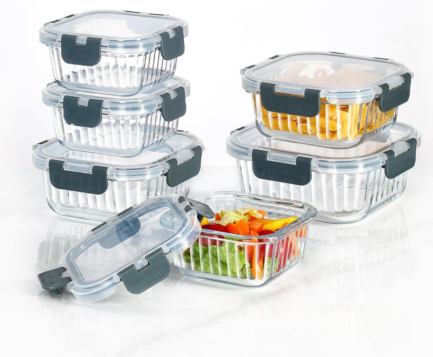 Glass Fluted Ombre grey Leak-Proof 6-Piece Set Food Storage Containers, Food Containers with Lids, Meal Prep Containers. (Rectangular)