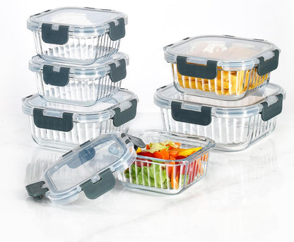 Glass Fluted Ombre grey Leak-Proof 6-Piece Set Food Storage Containers, Food Containers with Lids, Meal Prep Containers. (Rectangular)