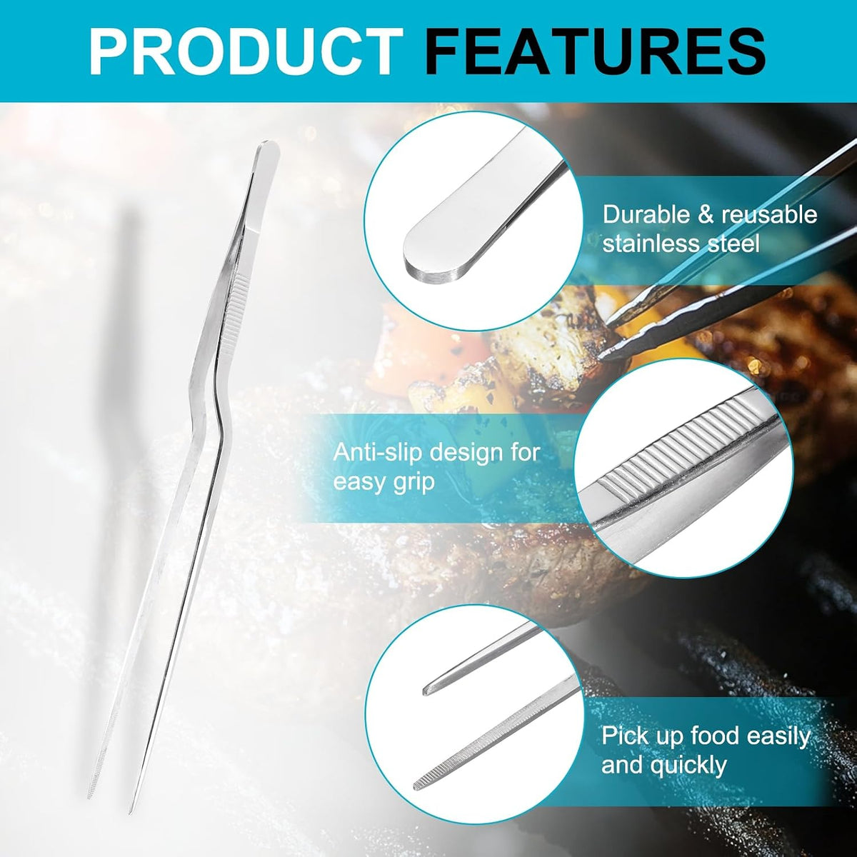uxcell Kitchen Tweezers Stainless Steel, 10 Inch Food Tongs Fine Cooking Tweezers Set Extra-Long Tweezer Tongs for Cooking Grill Baking BBQ, Black Clip
