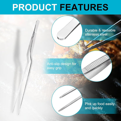 uxcell Kitchen Tweezers Stainless Steel, 10 Inch Food Tongs Fine Cooking Tweezers Set Extra-Long Tweezer Tongs for Cooking Grill Baking BBQ, Black Clip