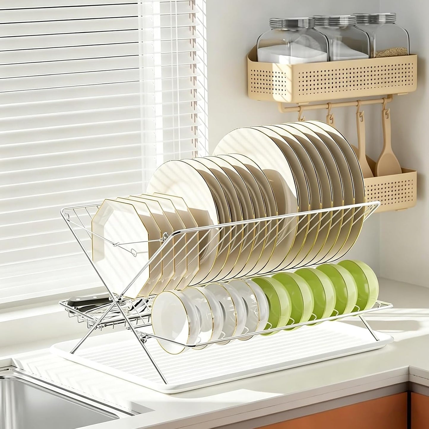 Expandable Over The Sink Dish Drainer Drying Rack, Stainless Steel Metal, Small Adjustable Dish Drainer Drying Rack for Kitchen Counter, Space Saving for Compact Kitchen