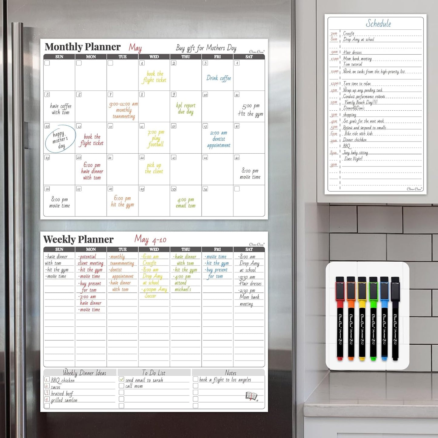 Non-Magnetic Dry Erase Calendar Set for Fridge - Reusable Monthly and Weekly Calendar Sticks to Most Smooth Surfaces - 6 Dry Erase Markers Included - Shipped Flat