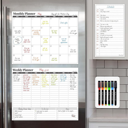 Non-Magnetic Dry Erase Calendar Set for Fridge - Reusable Monthly and Weekly Calendar Sticks to Most Smooth Surfaces - 6 Dry Erase Markers Included - Shipped Flat
