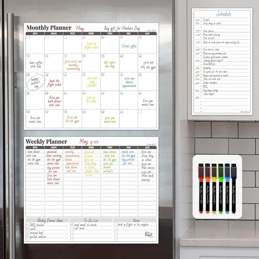 Non-Magnetic Dry Erase Calendar Set for Fridge - Reusable Monthly and Weekly Calendar Sticks to Most Smooth Surfaces - 6 Dry Erase Markers Included - Shipped Flat