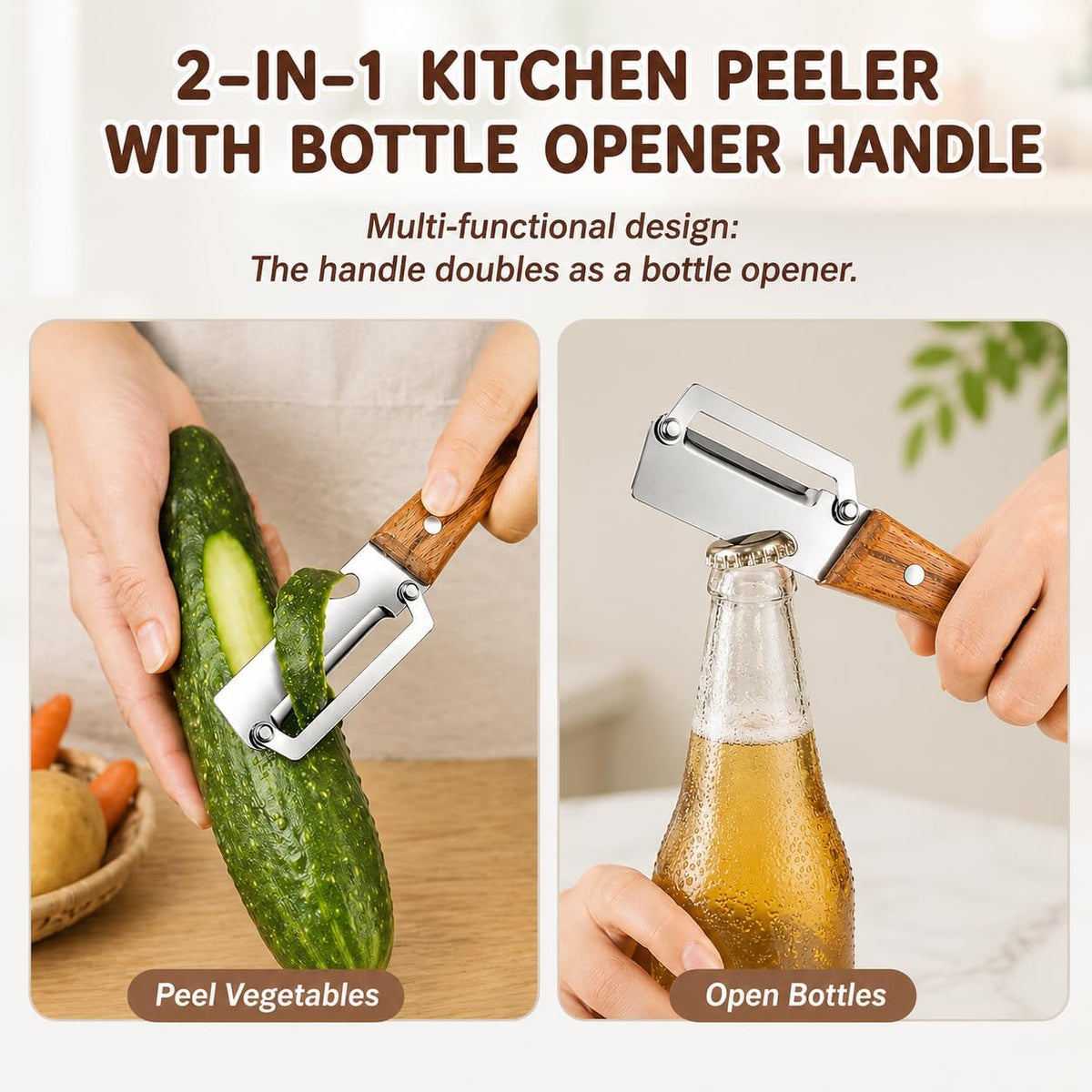 Left & Right Hand Vegetable Peeler Set with Scallion Slicer & Bottle Opener, Thickened Stainless Steel Wide Blade for Smooth Peeling, Wooden Handle Kitchen Peeler for Fruits & Vegetables
