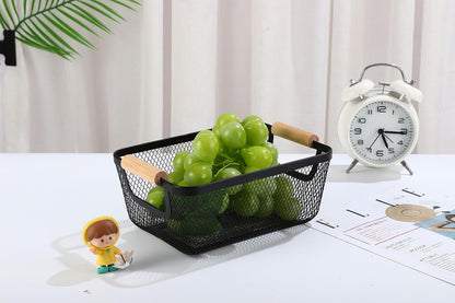 AJIODA Metal Mesh Steel Basket, Large Wire Storage Organizer Basket Multi-function Hanging Kitchen Baskets with Wood Handle for Kitchen Bathroom Picnic Home, Rectangle-Black
