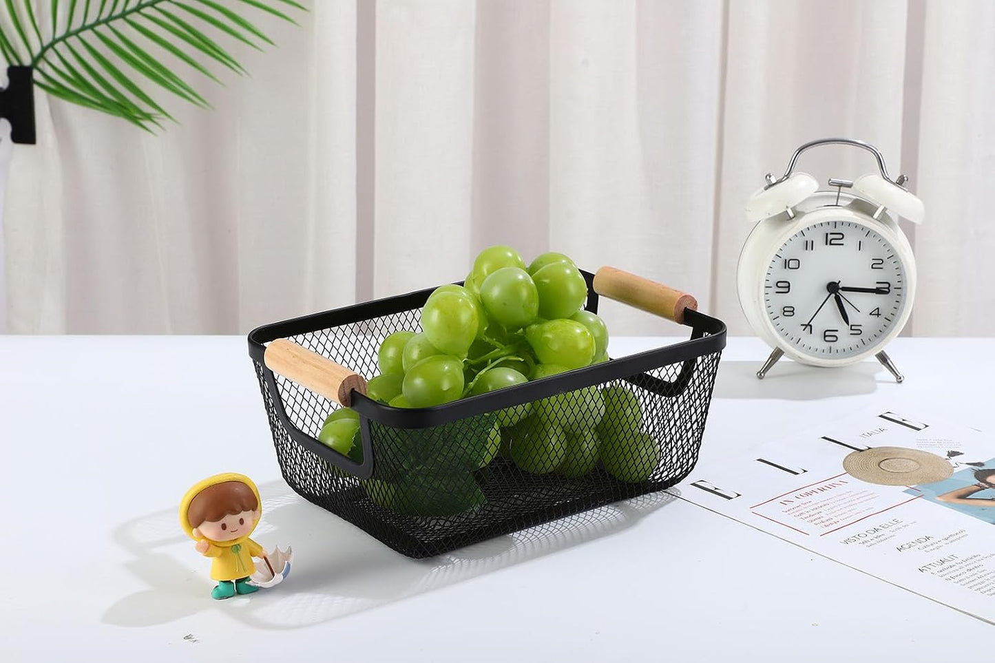 AJIODA Metal Mesh Steel Basket, Large Wire Storage Organizer Basket Multi-function Hanging Kitchen Baskets with Wood Handle for Kitchen Bathroom Picnic Home, Rectangle-Off White