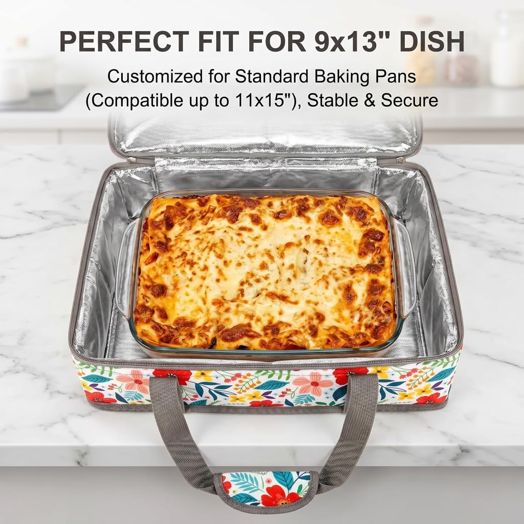 Insulated Casserole Carrier Fits Pioneer Woman Kitchen Stuff & 9x13 Baking Dish, Large Lasagna Lugger Tote, Leakproof Thermal Food Warmer Bag for Potluck, Picnic, Travel, Hot/Cold Food & Mom Gifts
